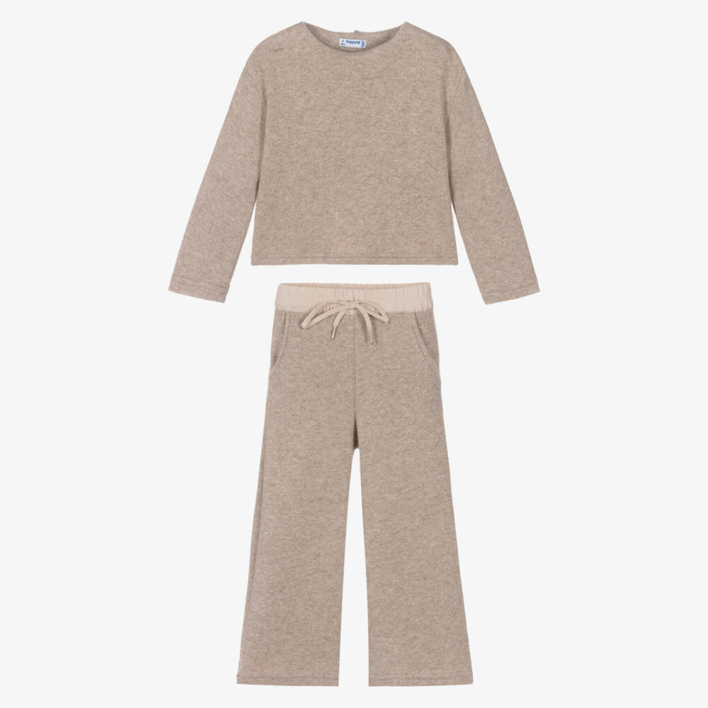 Mayoral-Girls Beige Lurex Knitted Trouser Set | Childrensalon