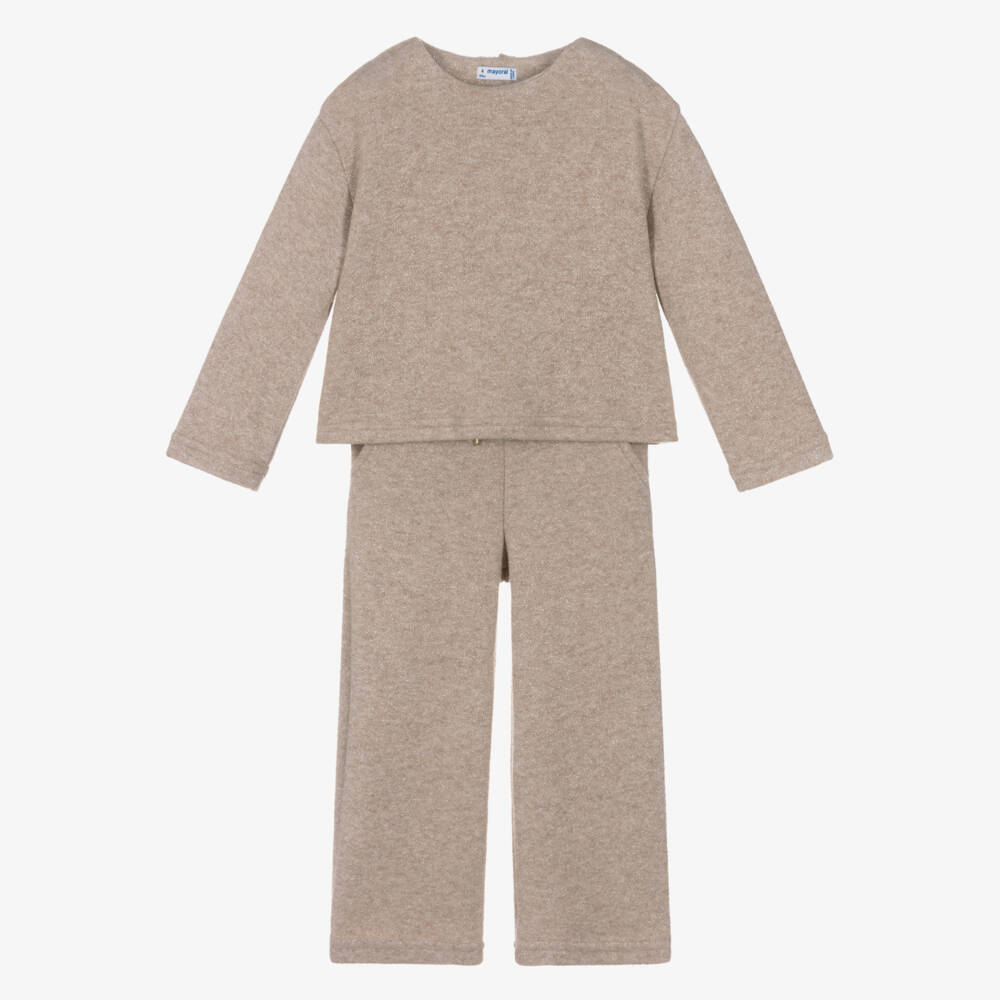 Mayoral-Girls Beige Lurex Knitted Trouser Set | Childrensalon