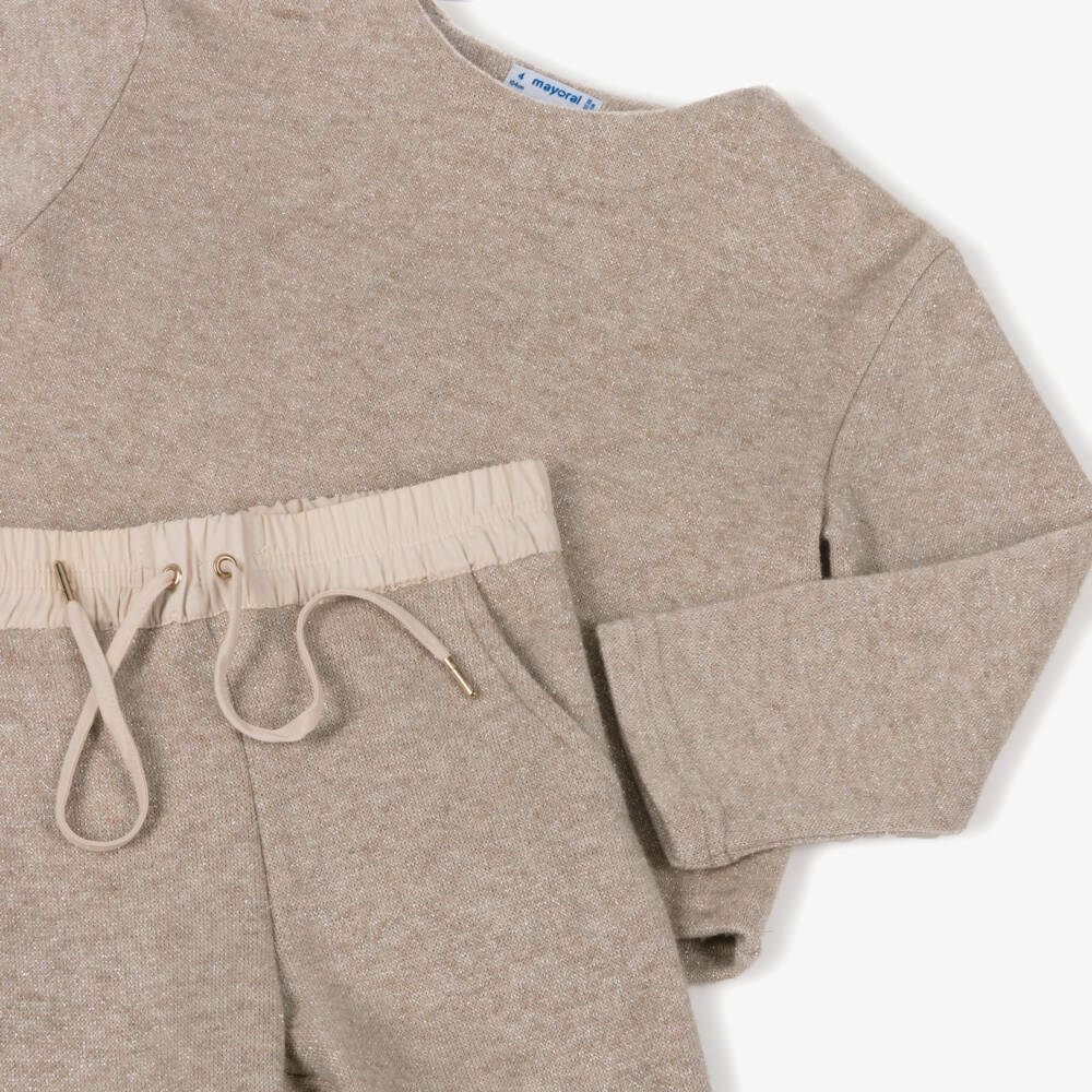 Mayoral-Girls Beige Lurex Knitted Trouser Set | Childrensalon
