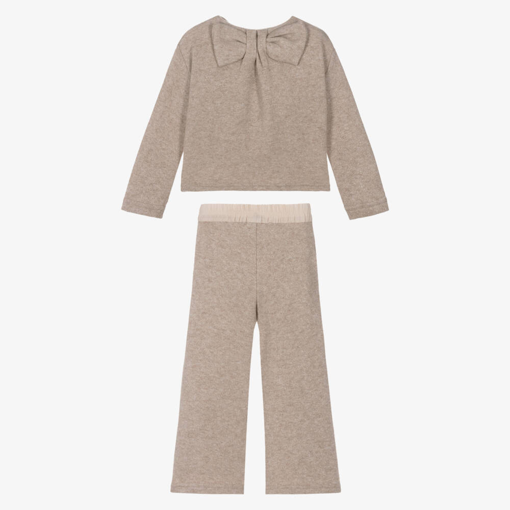 Mayoral-Girls Beige Lurex Knitted Trouser Set | Childrensalon