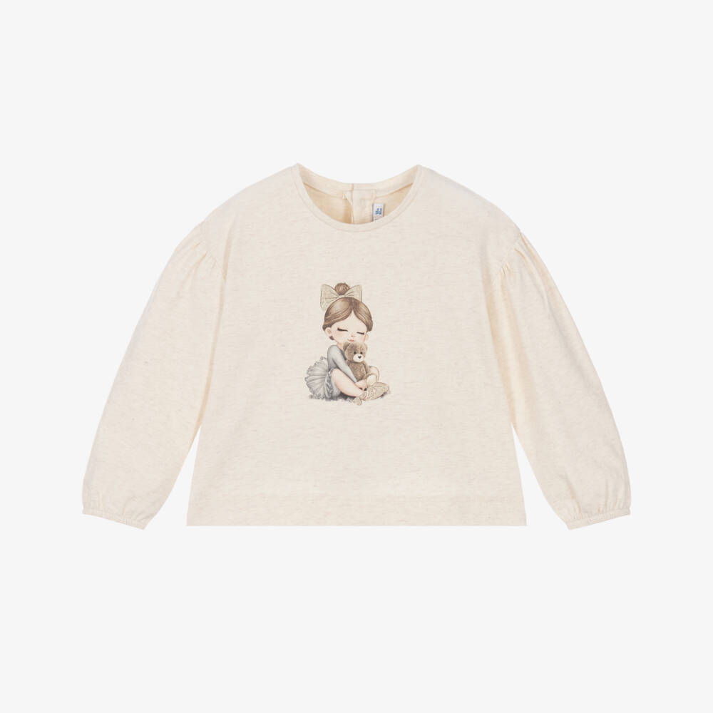 Mayoral-Girls Beige Marl Cotton Top with Ballerina Graphic | Childrensalon