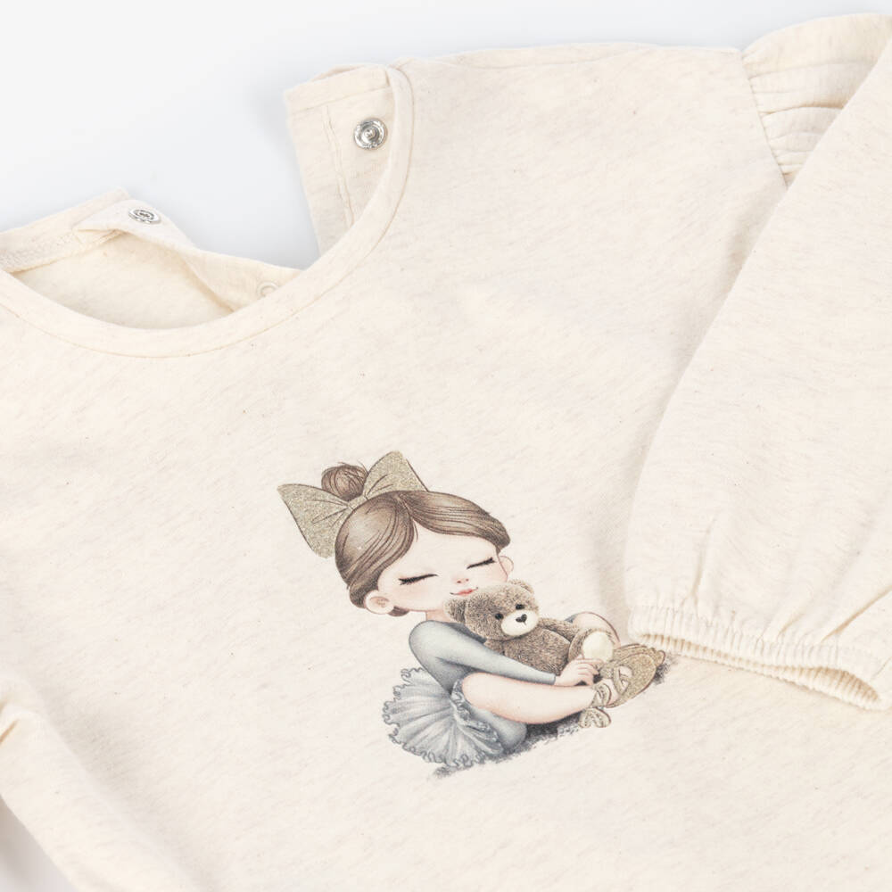 Mayoral-Girls Beige Marl Cotton Top with Ballerina Graphic | Childrensalon