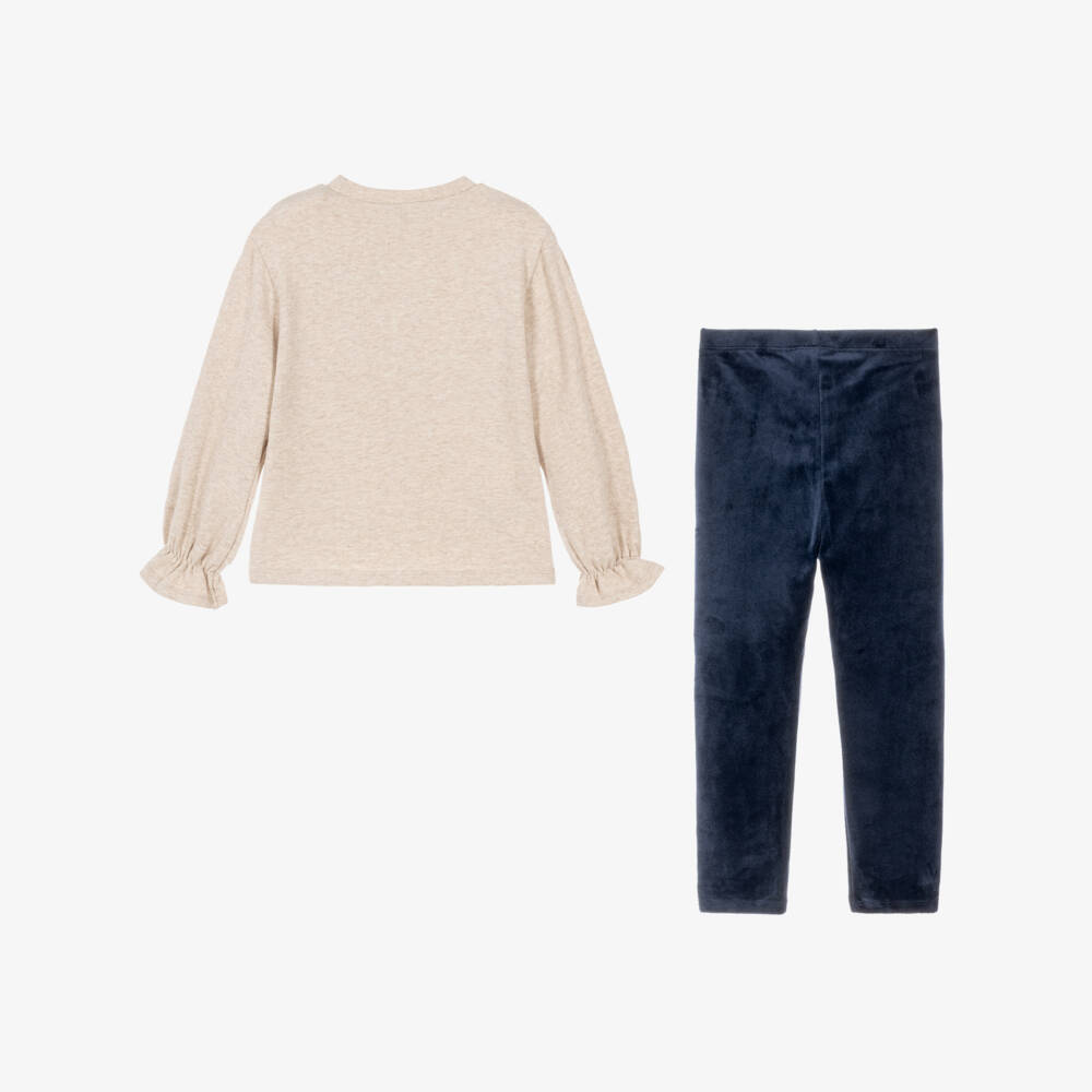 Mayoral-Girls Beige Marl & Navy Blue Leggings Set | Childrensalon