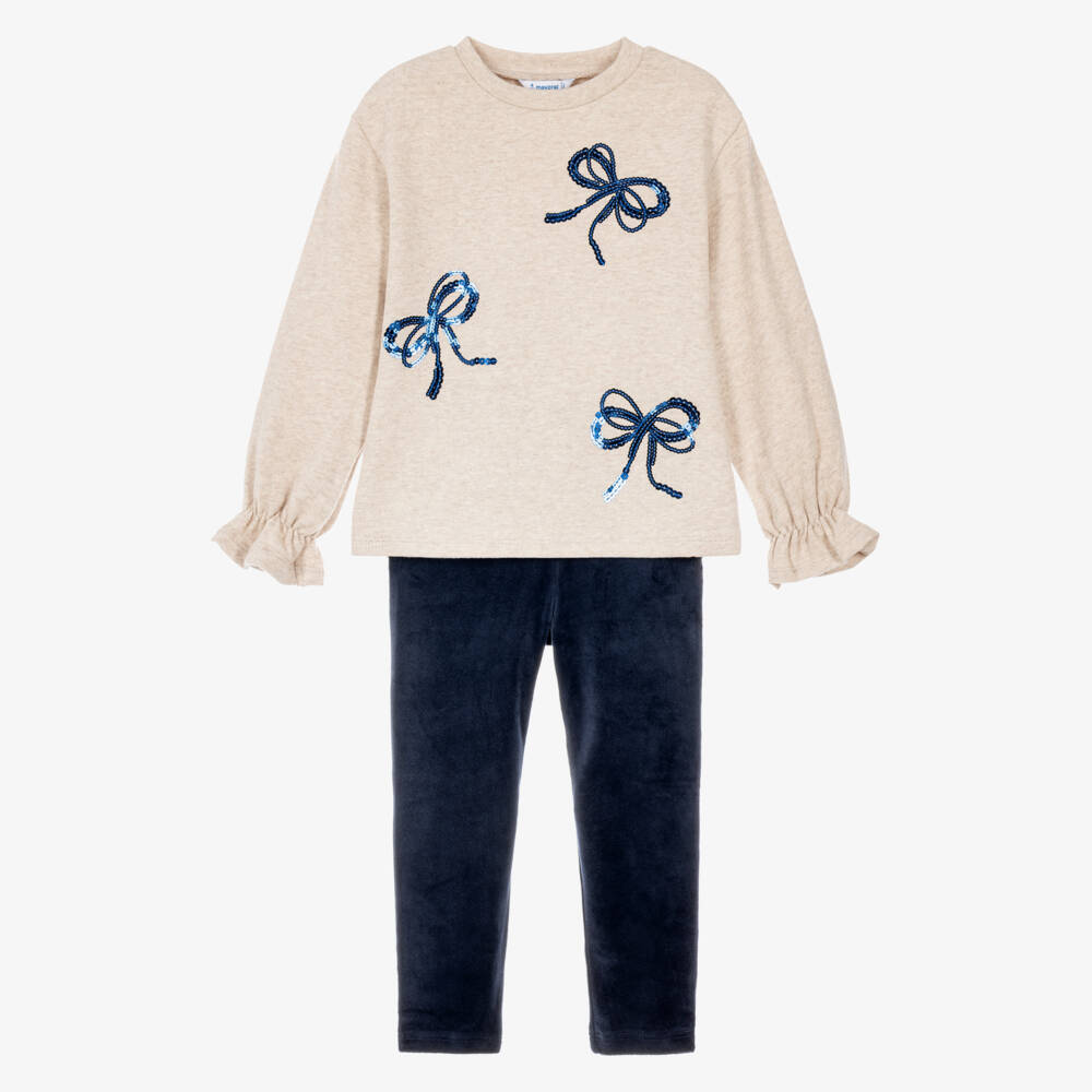 Mayoral-Girls Beige Marl & Navy Blue Leggings Set | Childrensalon