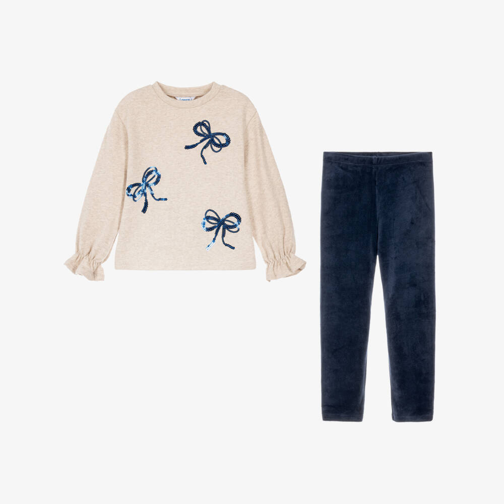 Mayoral-Girls Beige Marl & Navy Blue Leggings Set | Childrensalon