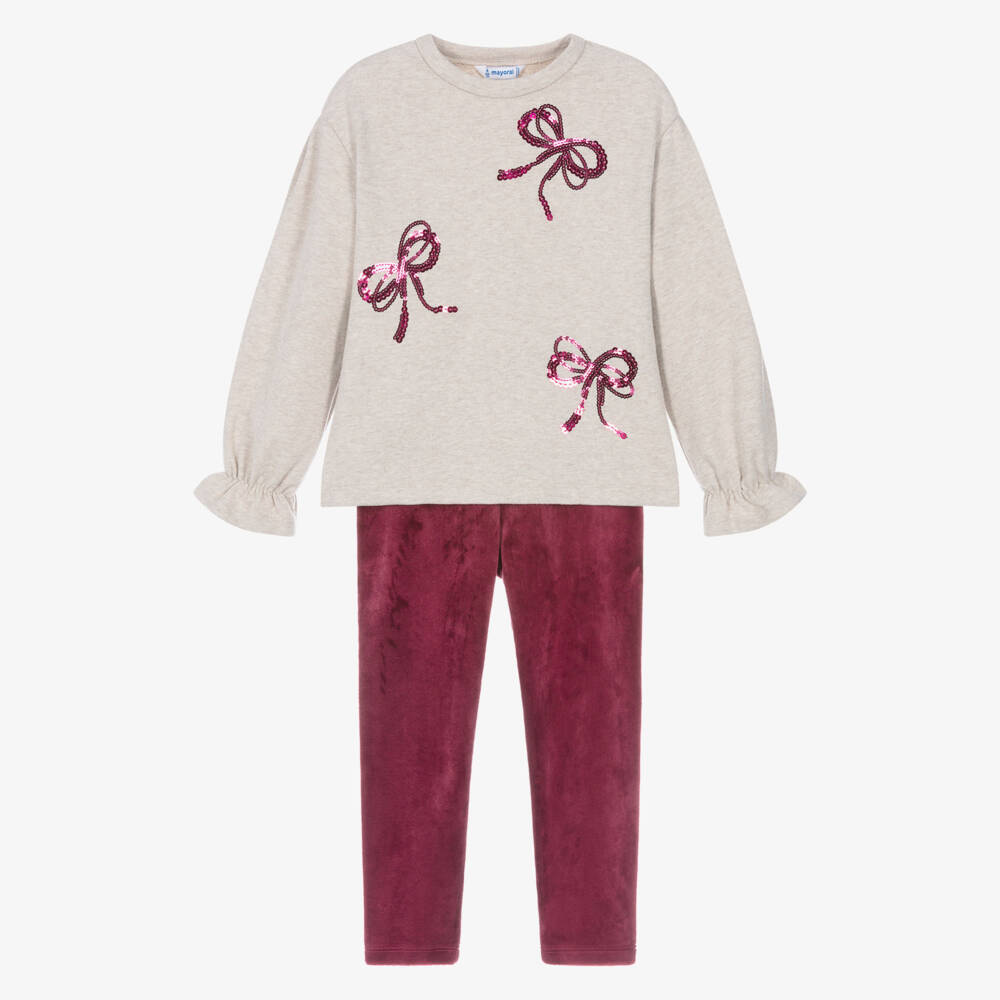Mayoral-Girls Beige Marl & Raspberry Red Leggings Set | Childrensalon