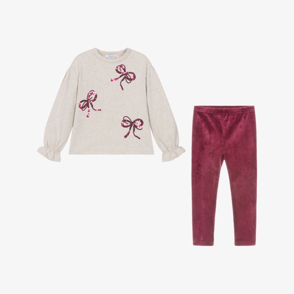 Mayoral-Girls Beige Marl & Raspberry Red Leggings Set | Childrensalon