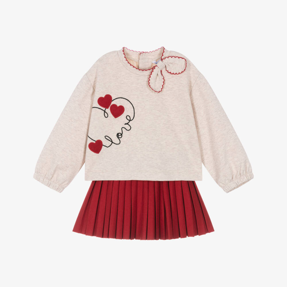 Mayoral-Girls Beige Marl & Red Love Heart Skirt Set | Childrensalon