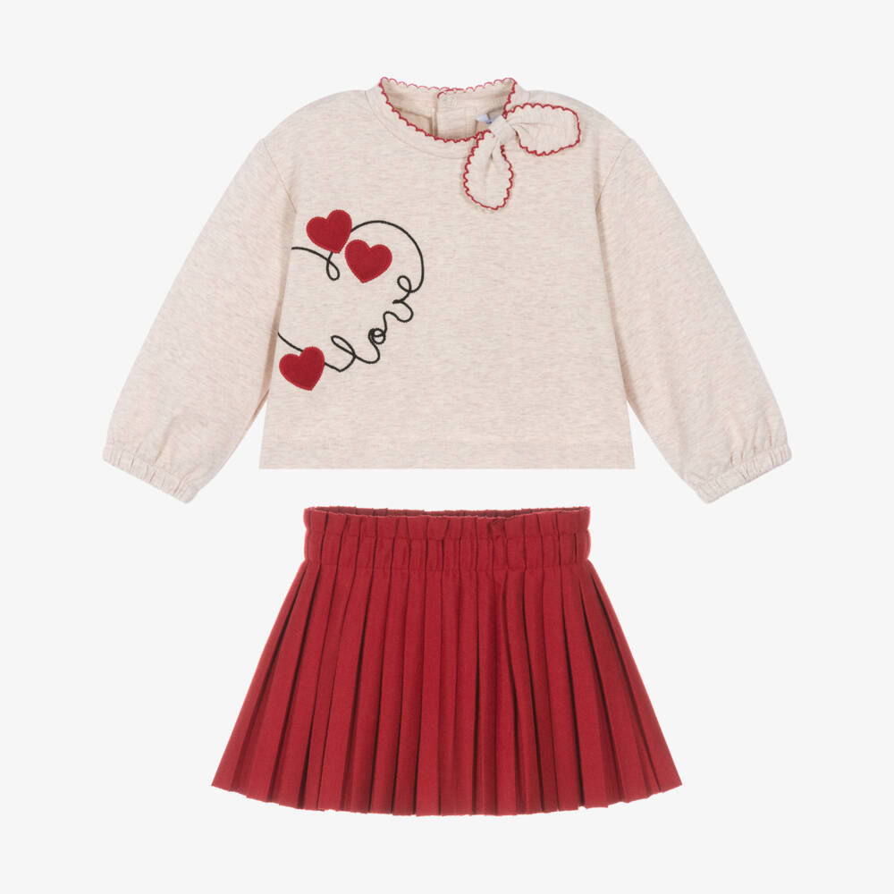 Mayoral-Girls Beige Marl & Red Love Heart Skirt Set | Childrensalon