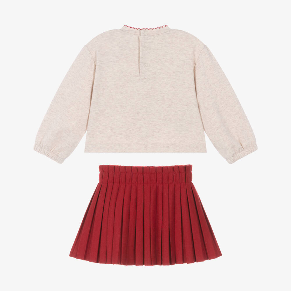 Mayoral-Girls Beige Marl & Red Love Heart Skirt Set | Childrensalon