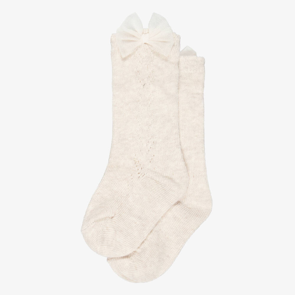Mayoral-Girls Beige Marl Socks with Tulle Bows | Childrensalon