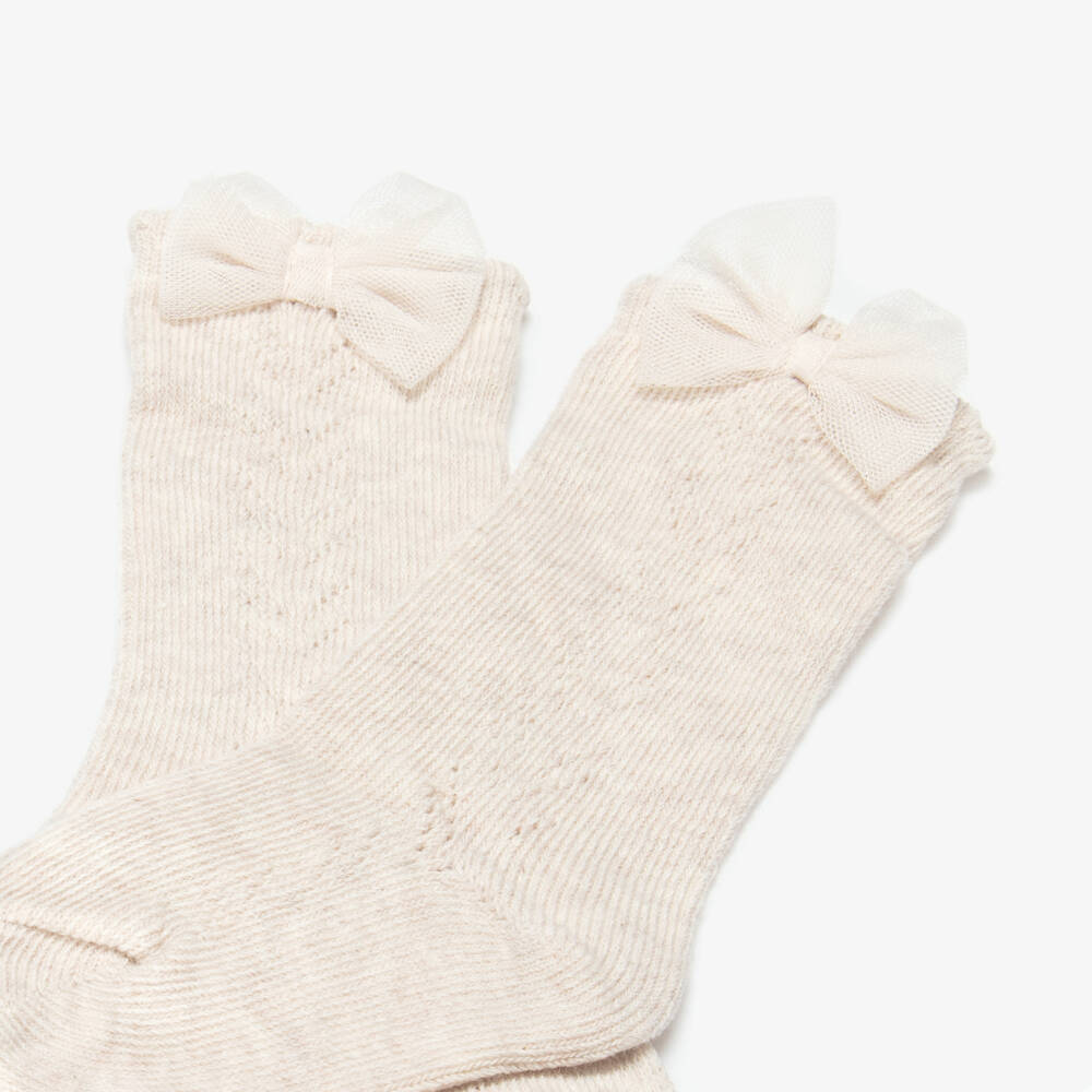 Mayoral-Girls Beige Marl Socks with Tulle Bows | Childrensalon