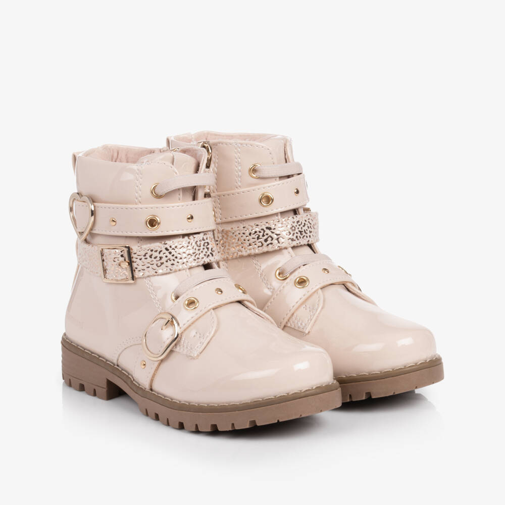 Mayoral-Girls Beige Patent Faux Leather Ankle Boots | Childrensalon