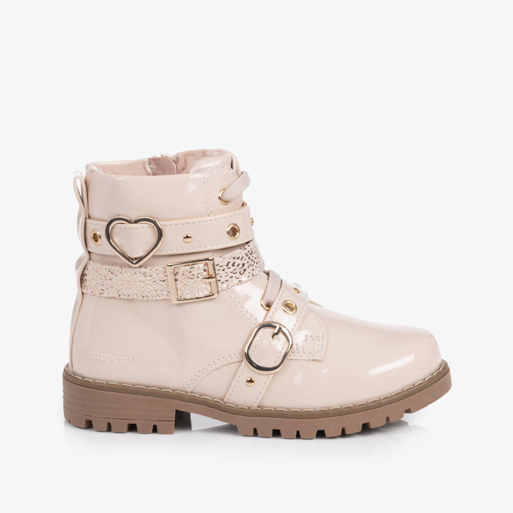 Mayoral-Girls Beige Patent Faux Leather Ankle Boots | Childrensalon