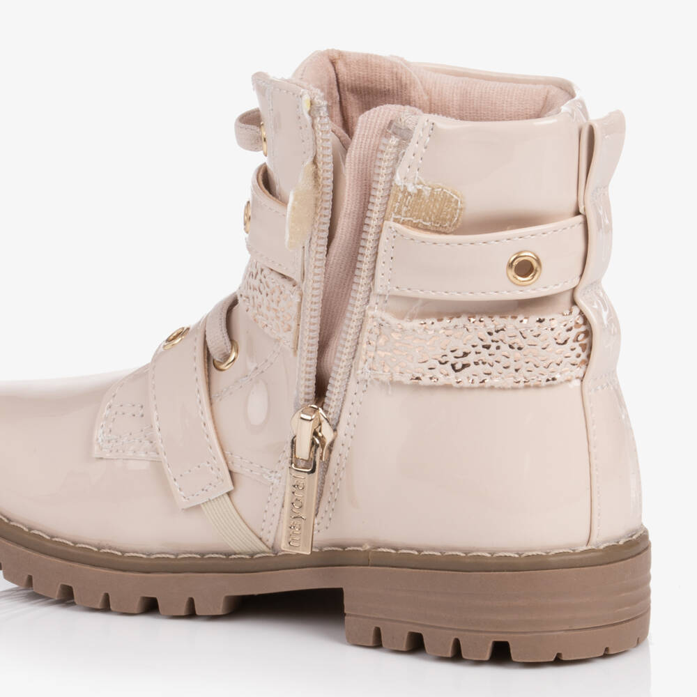 Mayoral-Girls Beige Patent Faux Leather Ankle Boots | Childrensalon