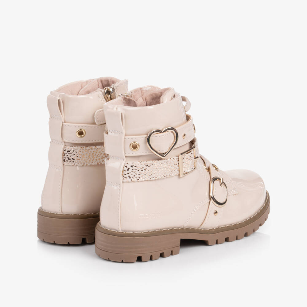 Mayoral-Girls Beige Patent Faux Leather Ankle Boots | Childrensalon
