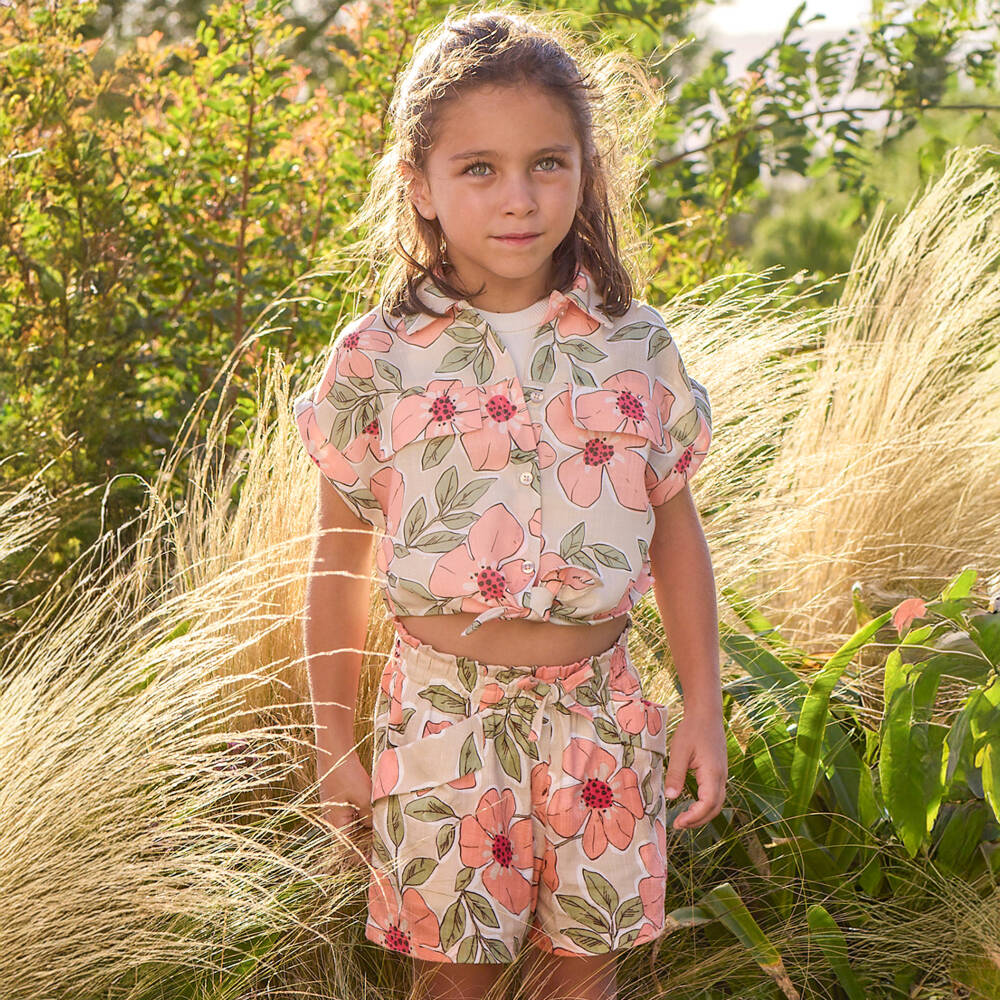 Mayoral-Girls Beige & Pink Floral Shorts | Childrensalon