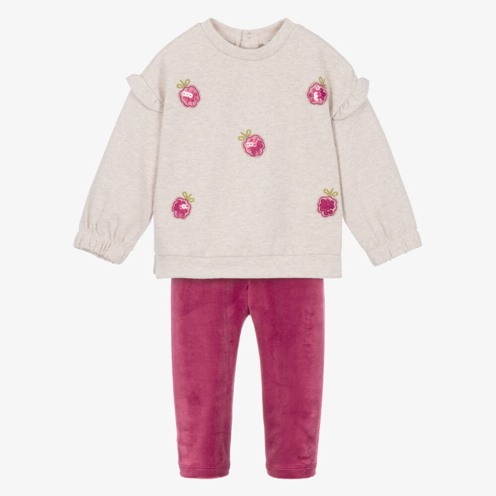 Mayoral-Girls Beige & Pink Sequin Strawberry Leggings Set | Childrensalon