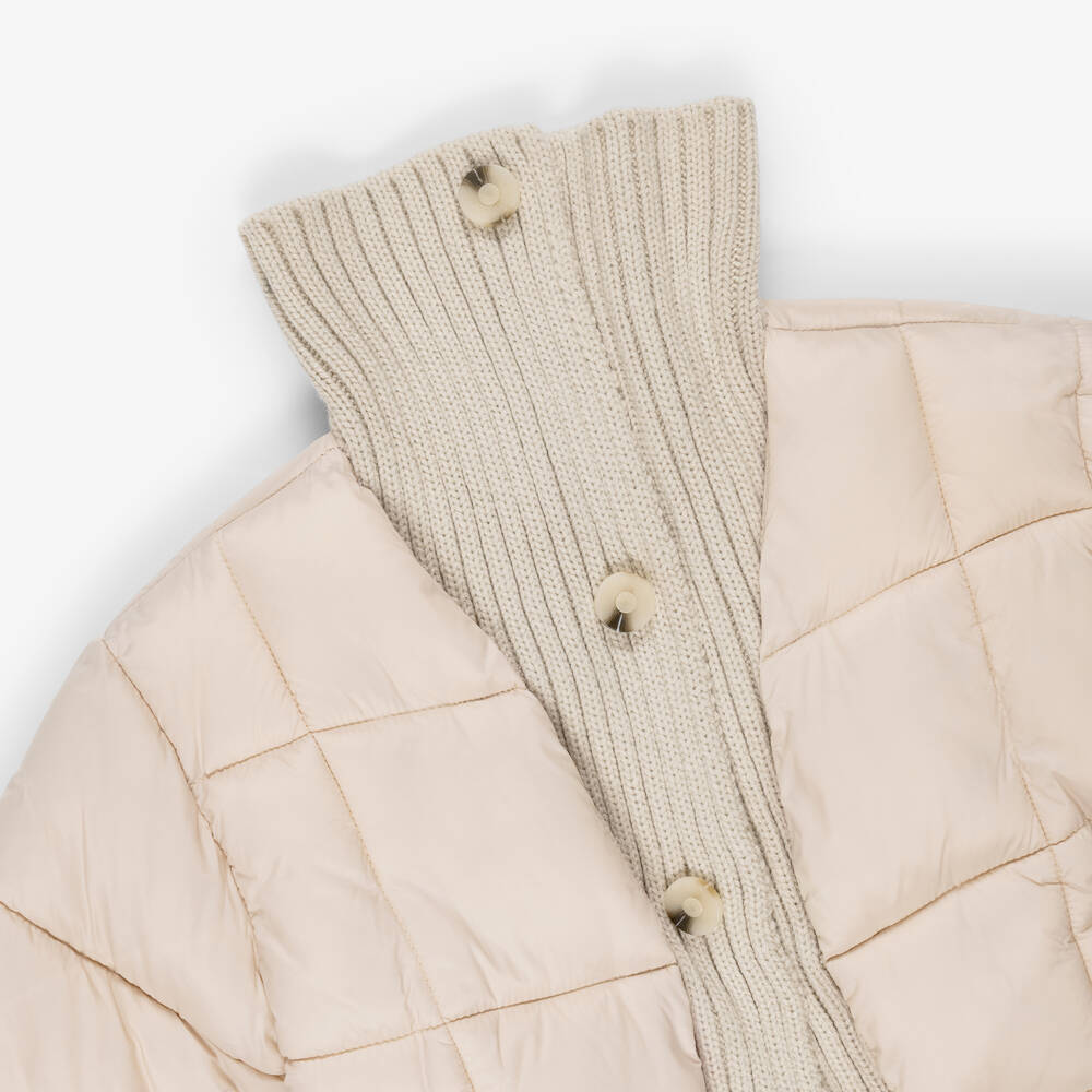 Mayoral-Girls Beige Puffer Jacket with Chunky Knit Collar | Childrensalon
