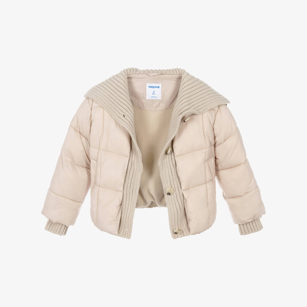 Mayoral-Girls Beige Puffer Jacket with Chunky Knit Collar | Childrensalon