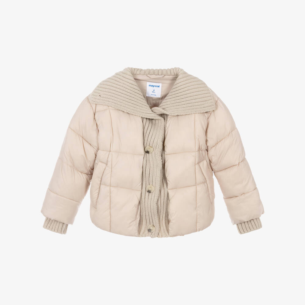 Mayoral-Girls Beige Puffer Jacket with Chunky Knit Collar | Childrensalon