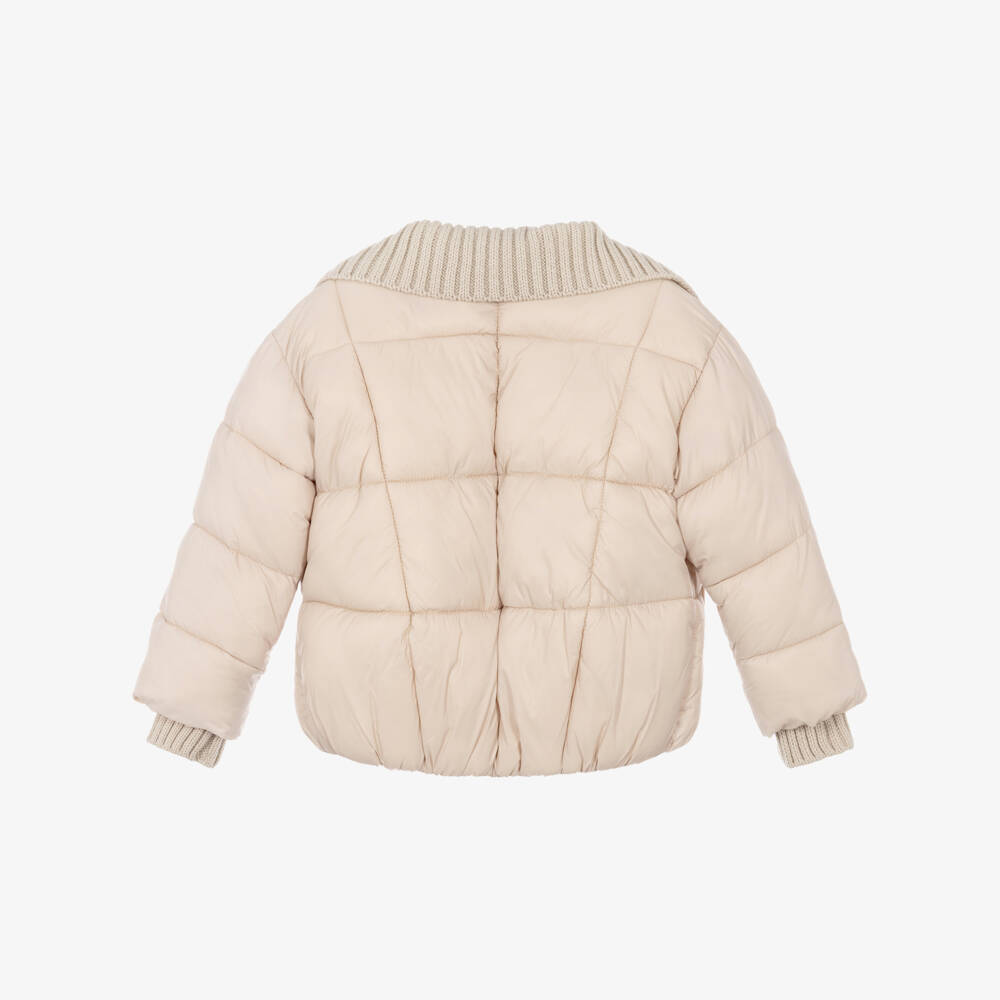 Mayoral-Girls Beige Puffer Jacket with Chunky Knit Collar | Childrensalon