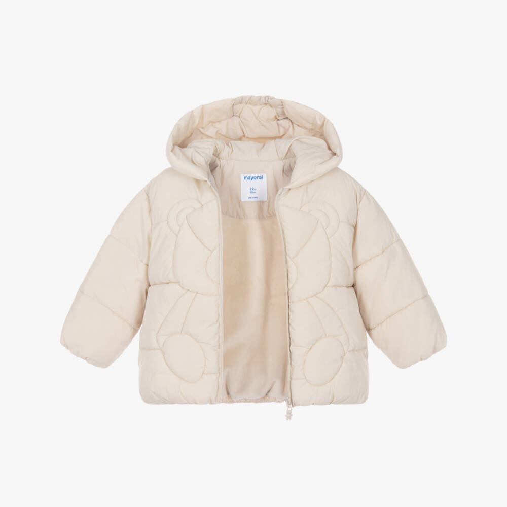 Mayoral-Girls Beige Quilted Bear Puffer Jacket | Childrensalon