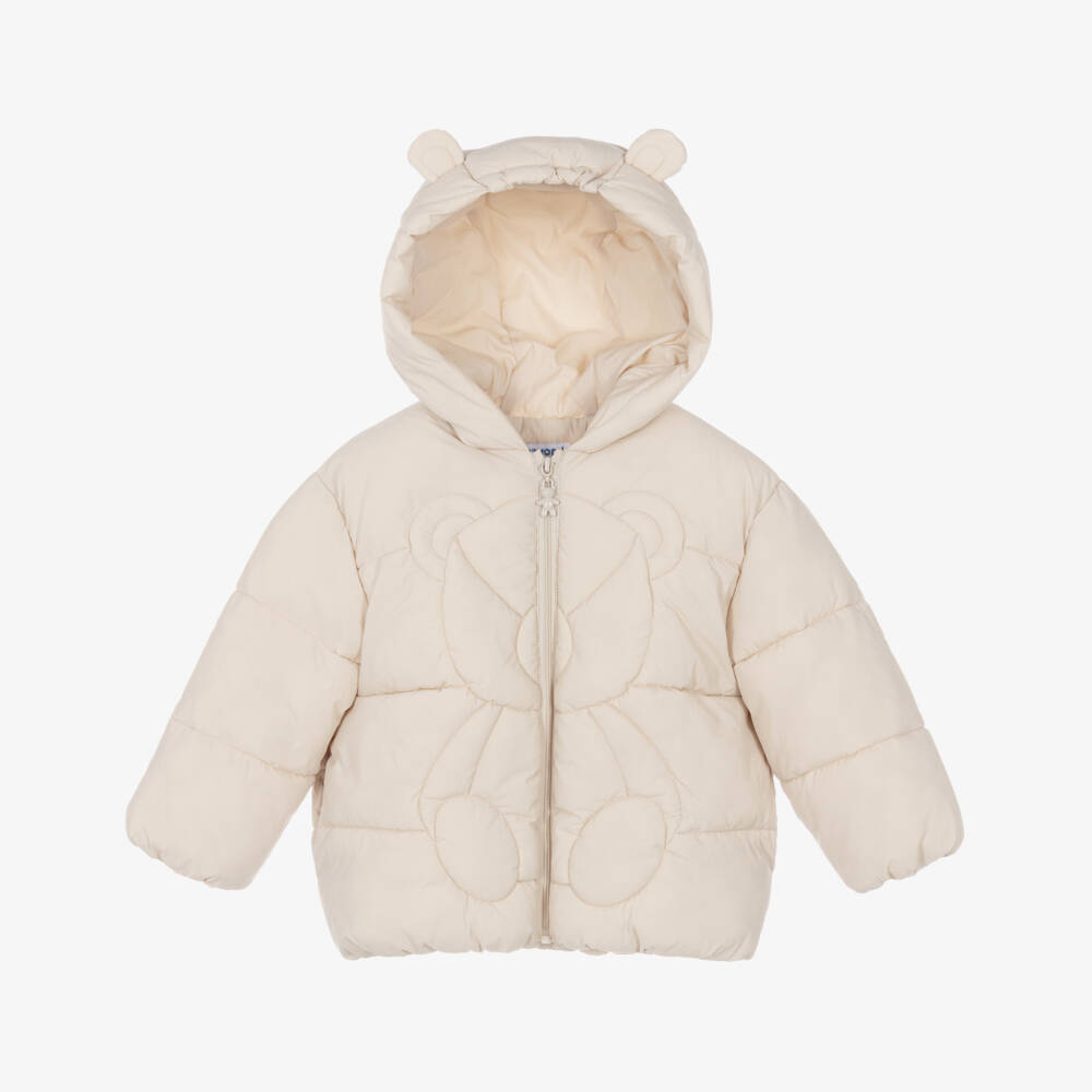 Mayoral-Girls Beige Quilted Bear Puffer Jacket | Childrensalon