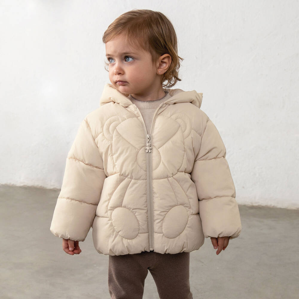 Mayoral-Girls Beige Quilted Bear Puffer Jacket | Childrensalon