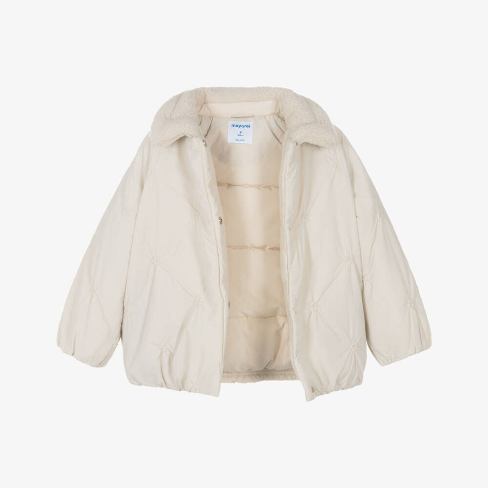 Mayoral-Куртка бежевая стеганая с воротником из шерпы для девочек | Childrensalon