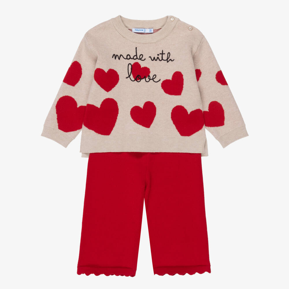 Mayoral-Girls Beige & Red Hearts Knitted Trouser Set | Childrensalon