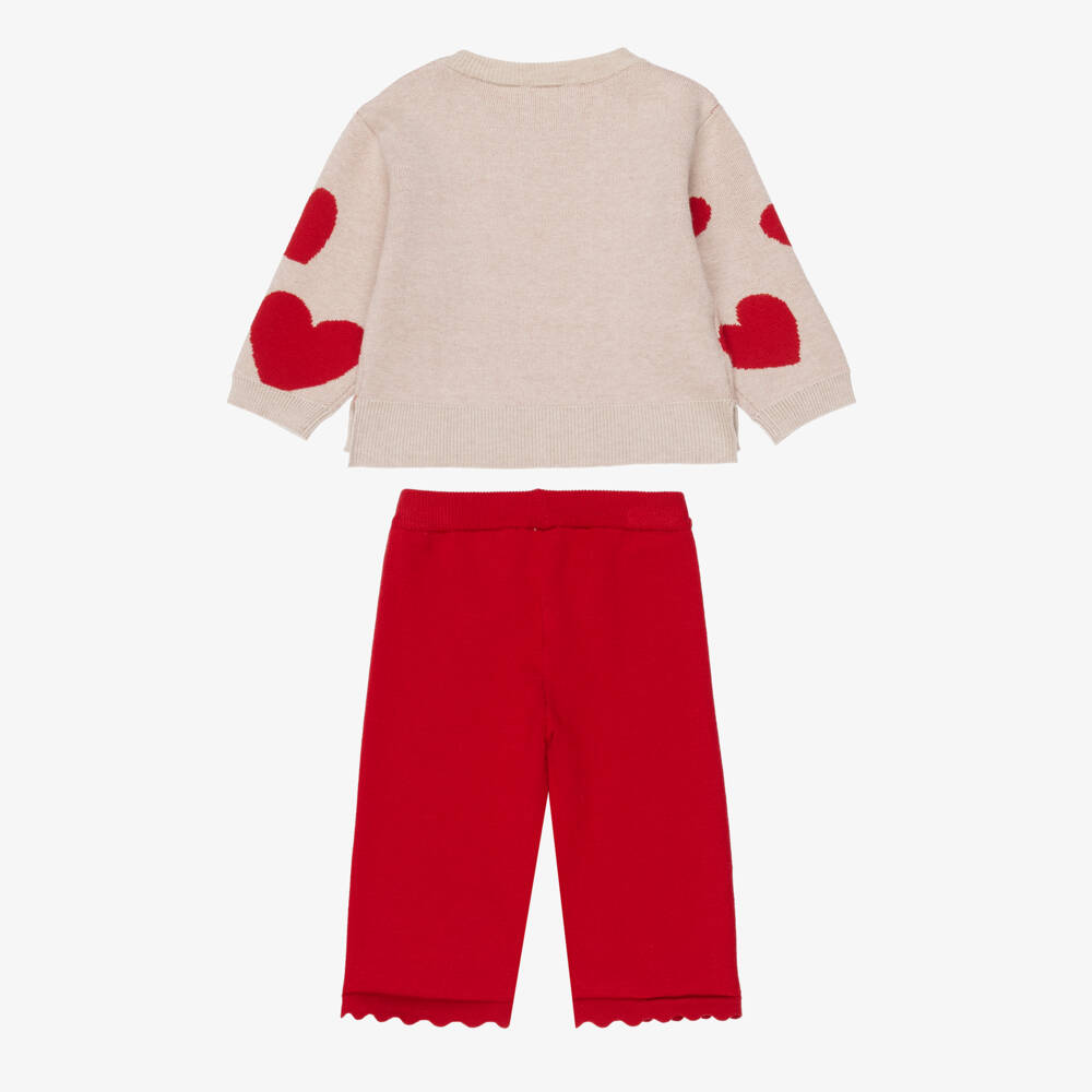 Mayoral-Girls Beige & Red Hearts Knitted Trouser Set | Childrensalon