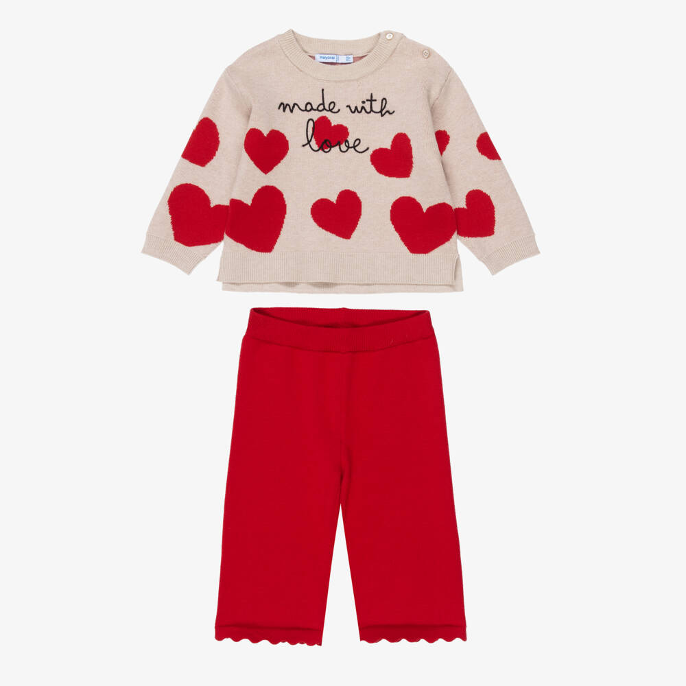 Mayoral-Girls Beige & Red Hearts Knitted Trouser Set | Childrensalon