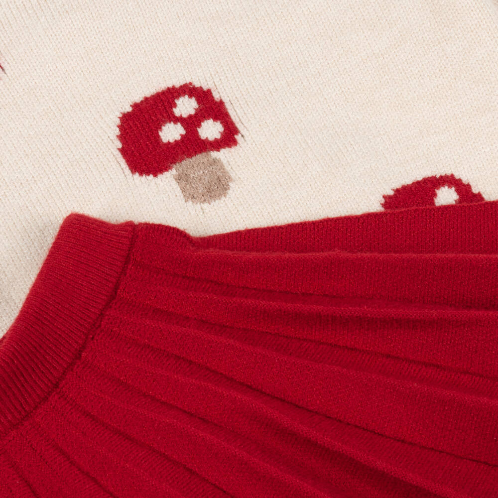 Mayoral-Girls Beige & Red Toadstool Knitted Skirt Set | Childrensalon