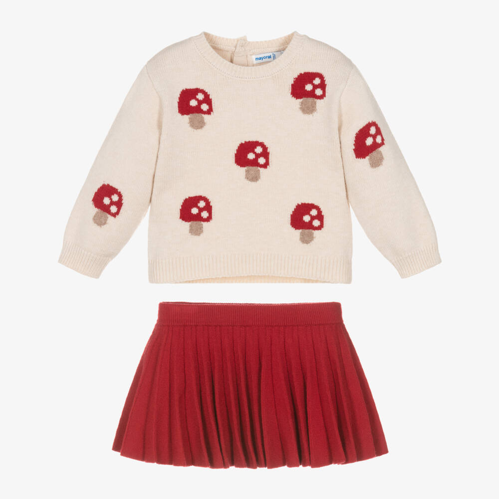 Mayoral-Girls Beige & Red Toadstool Knitted Skirt Set | Childrensalon