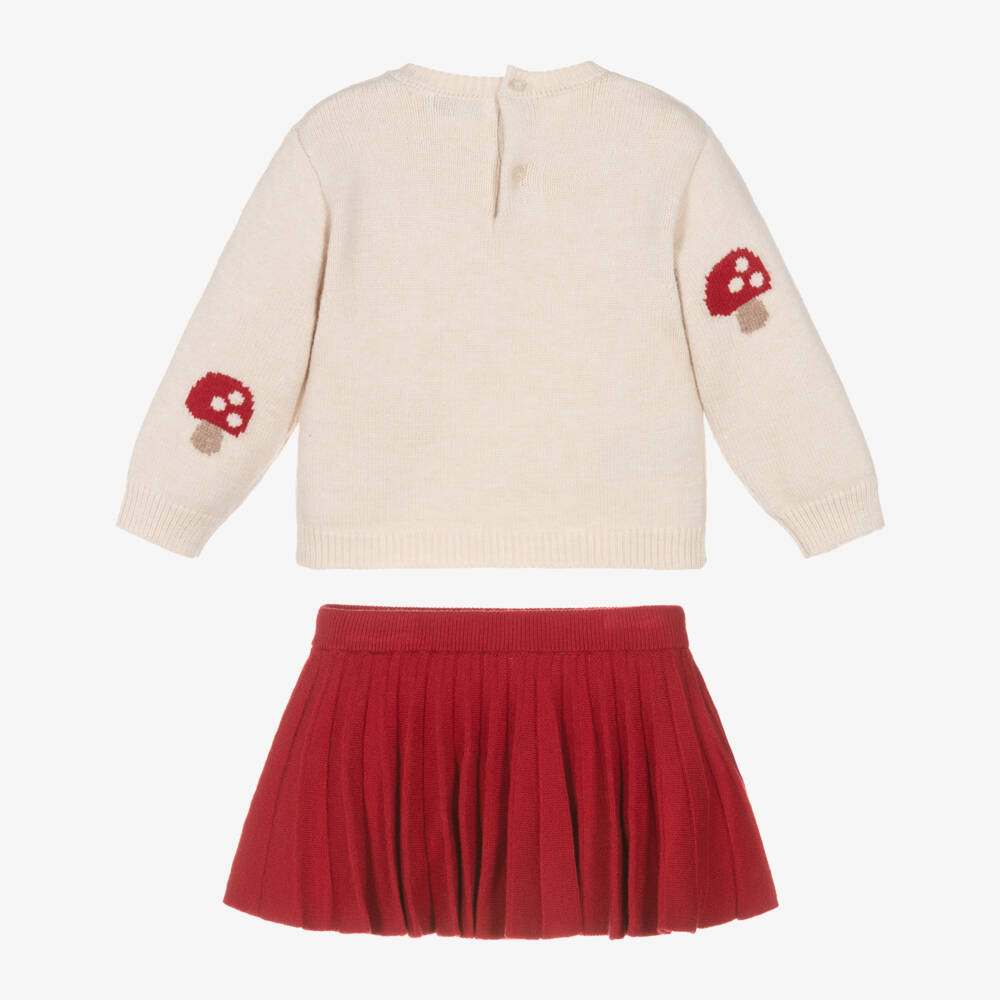 Mayoral-Girls Beige & Red Toadstool Knitted Skirt Set | Childrensalon