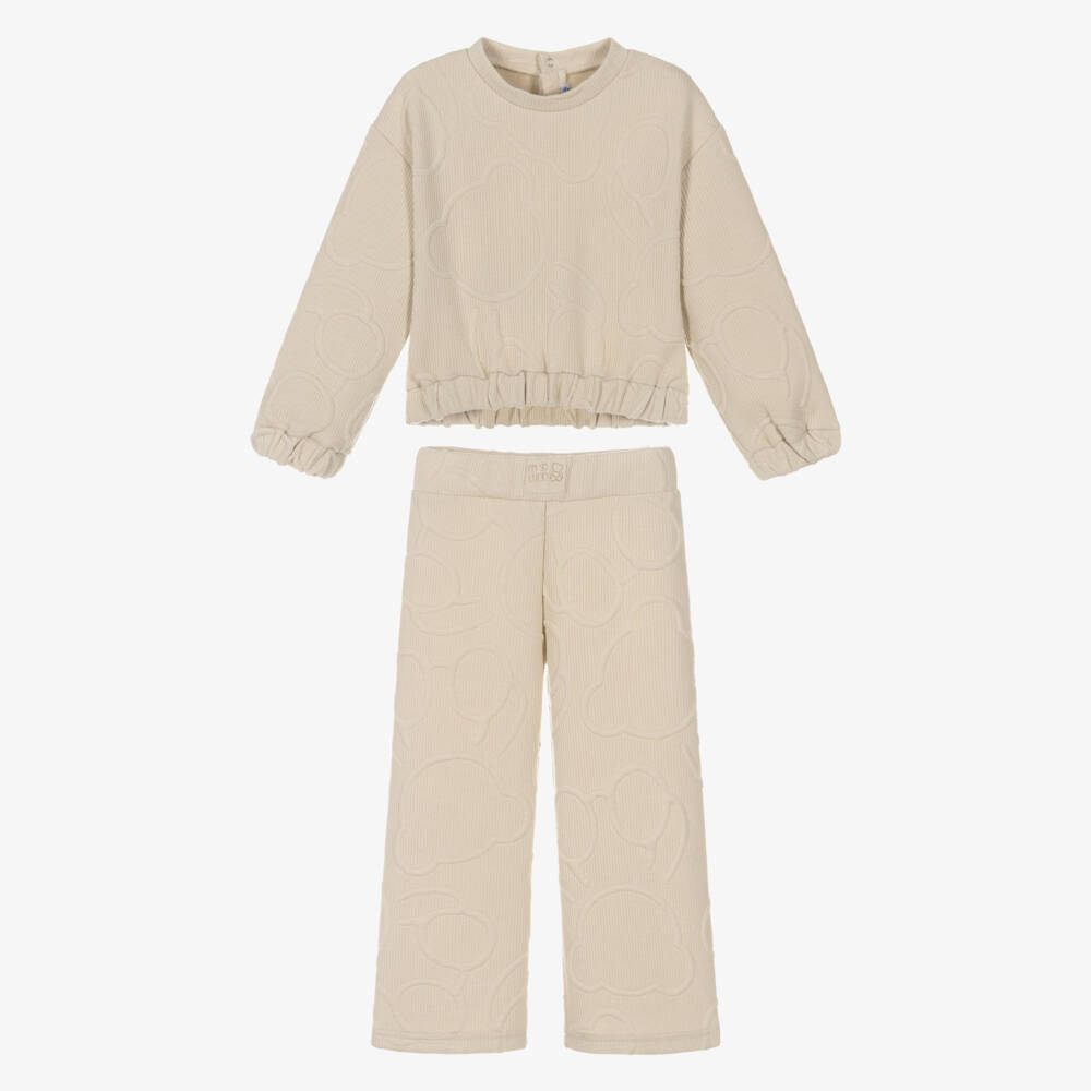 Mayoral-Girls Beige Ribbed Jersey Teddy Bear Trouser Set | Childrensalon