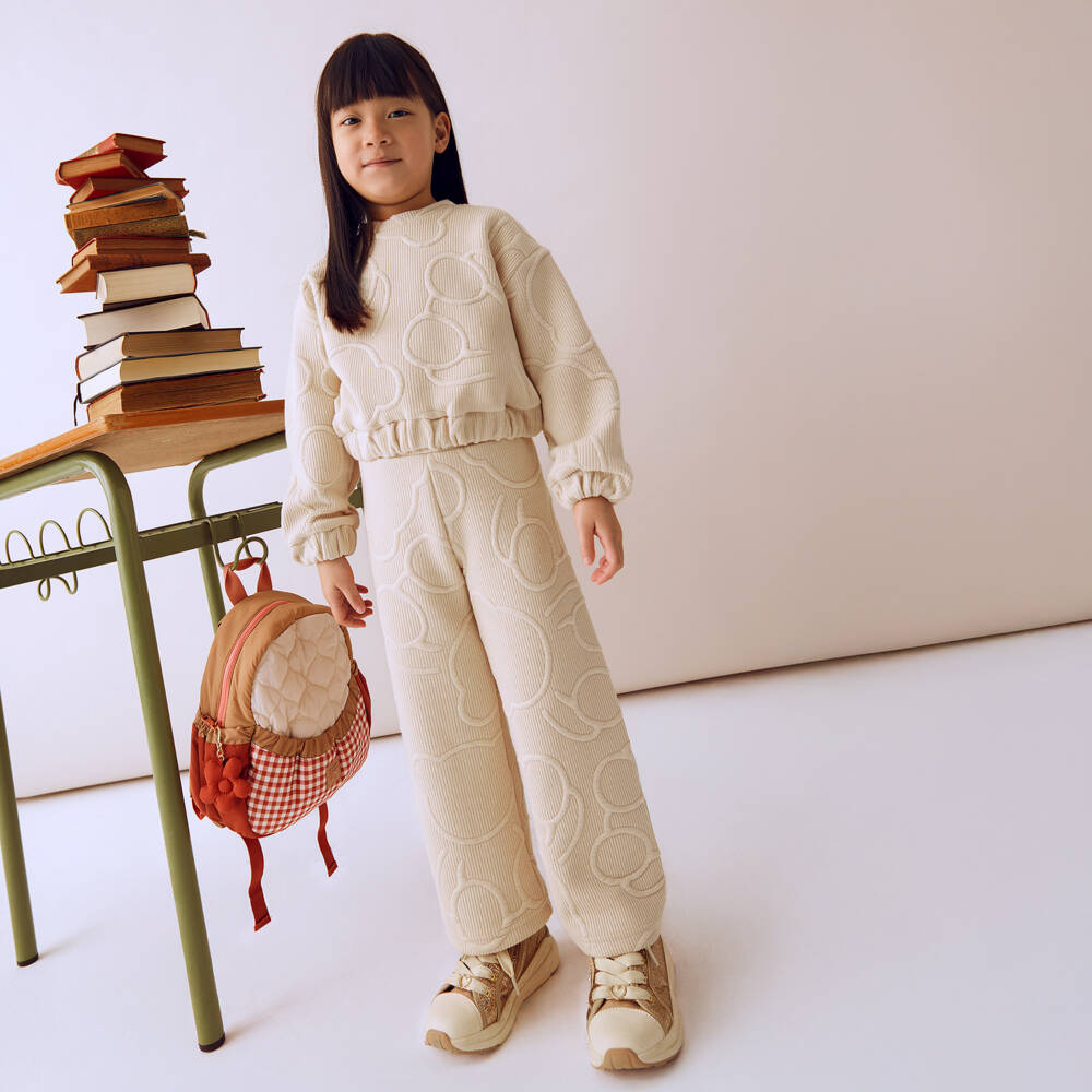 Mayoral-Girls Beige Ribbed Jersey Teddy Bear Trouser Set | Childrensalon