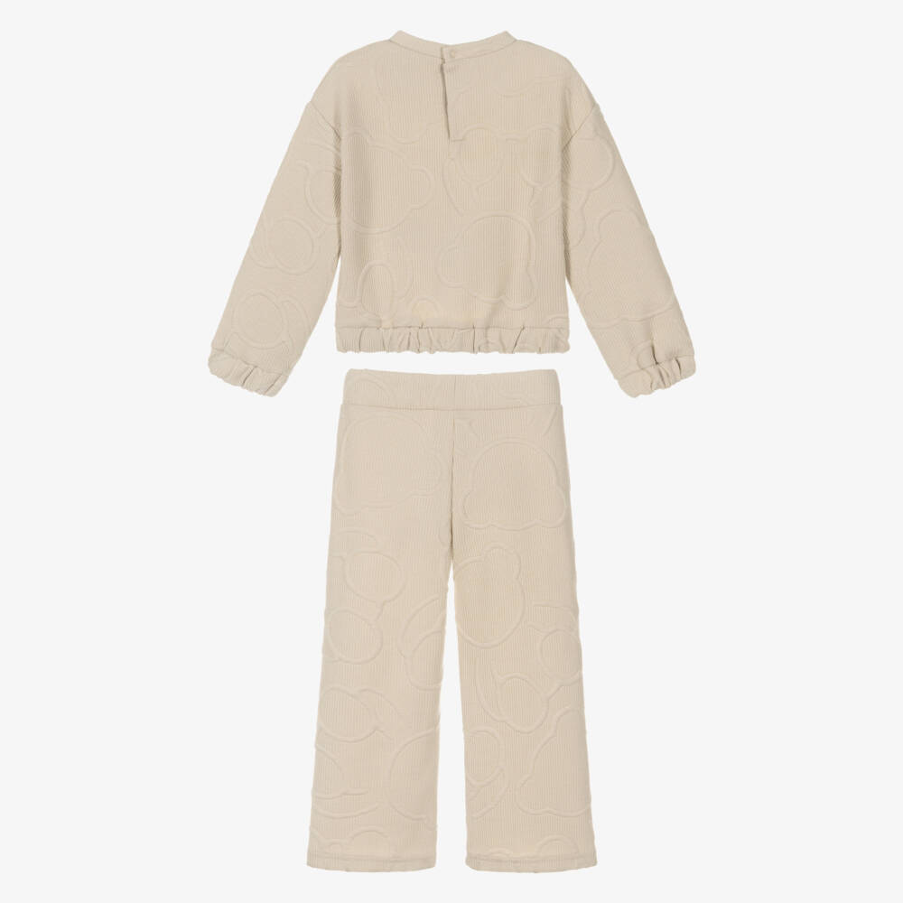 Mayoral-Girls Beige Ribbed Jersey Teddy Bear Trouser Set | Childrensalon