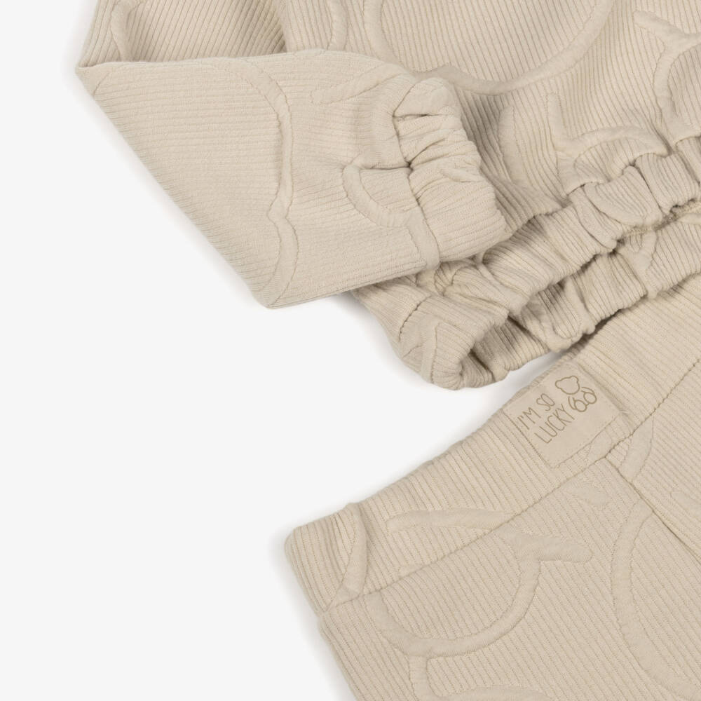 Mayoral-Girls Beige Ribbed Jersey Teddy Bear Trouser Set | Childrensalon