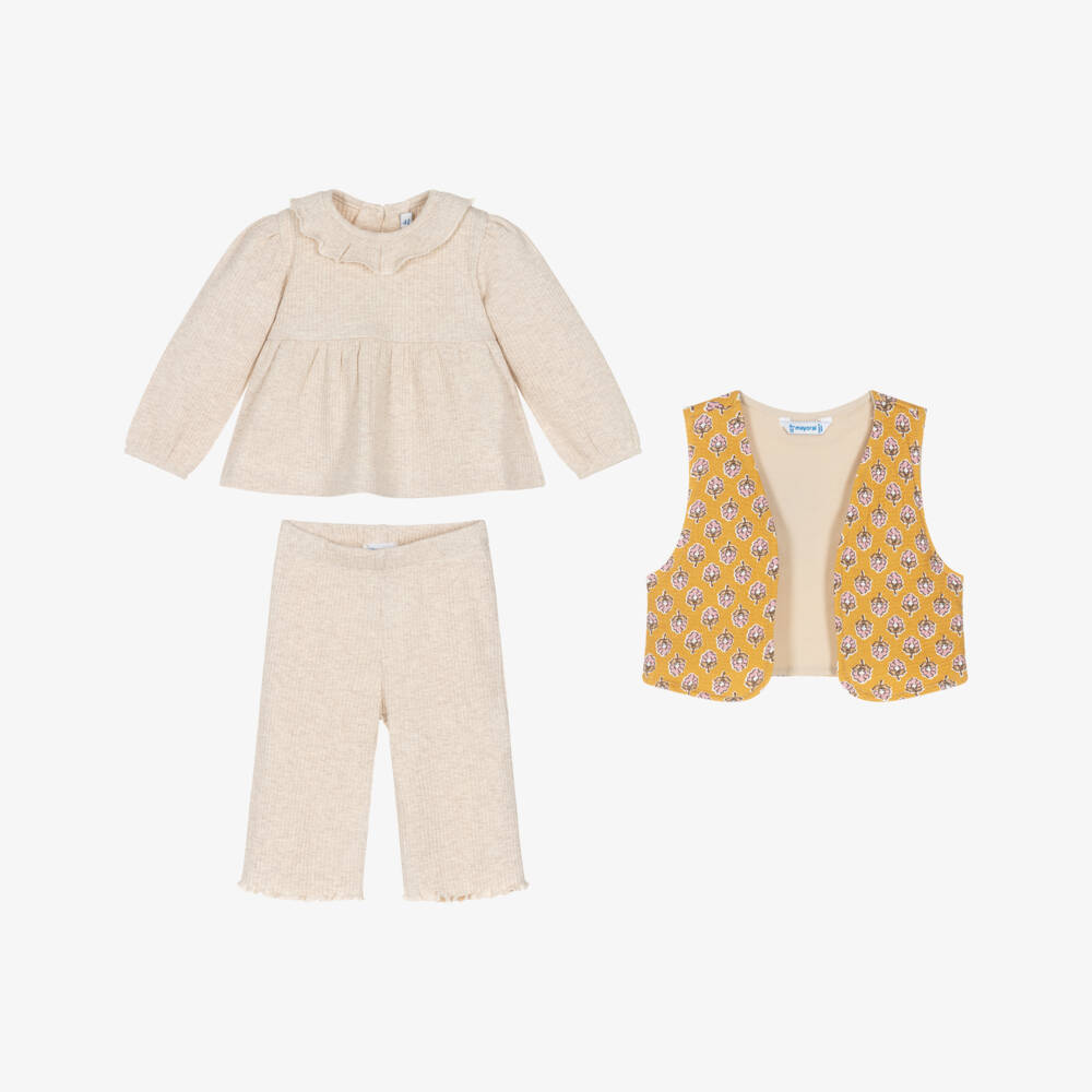 Mayoral-Girls Beige Ribbed Jersey Trouser Set | Childrensalon