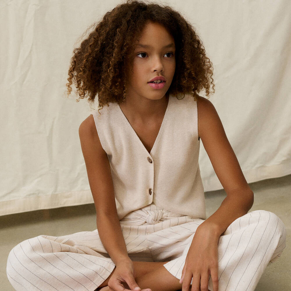 Mayoral-Girls Beige Ribbed Knit Waistcoat | Childrensalon