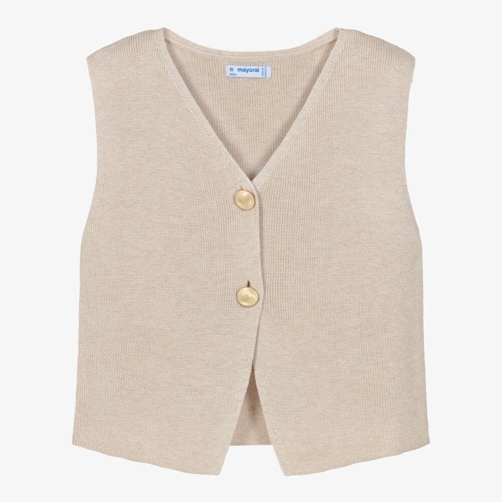 Mayoral-Girls Beige Ribbed Knit Waistcoat | Childrensalon
