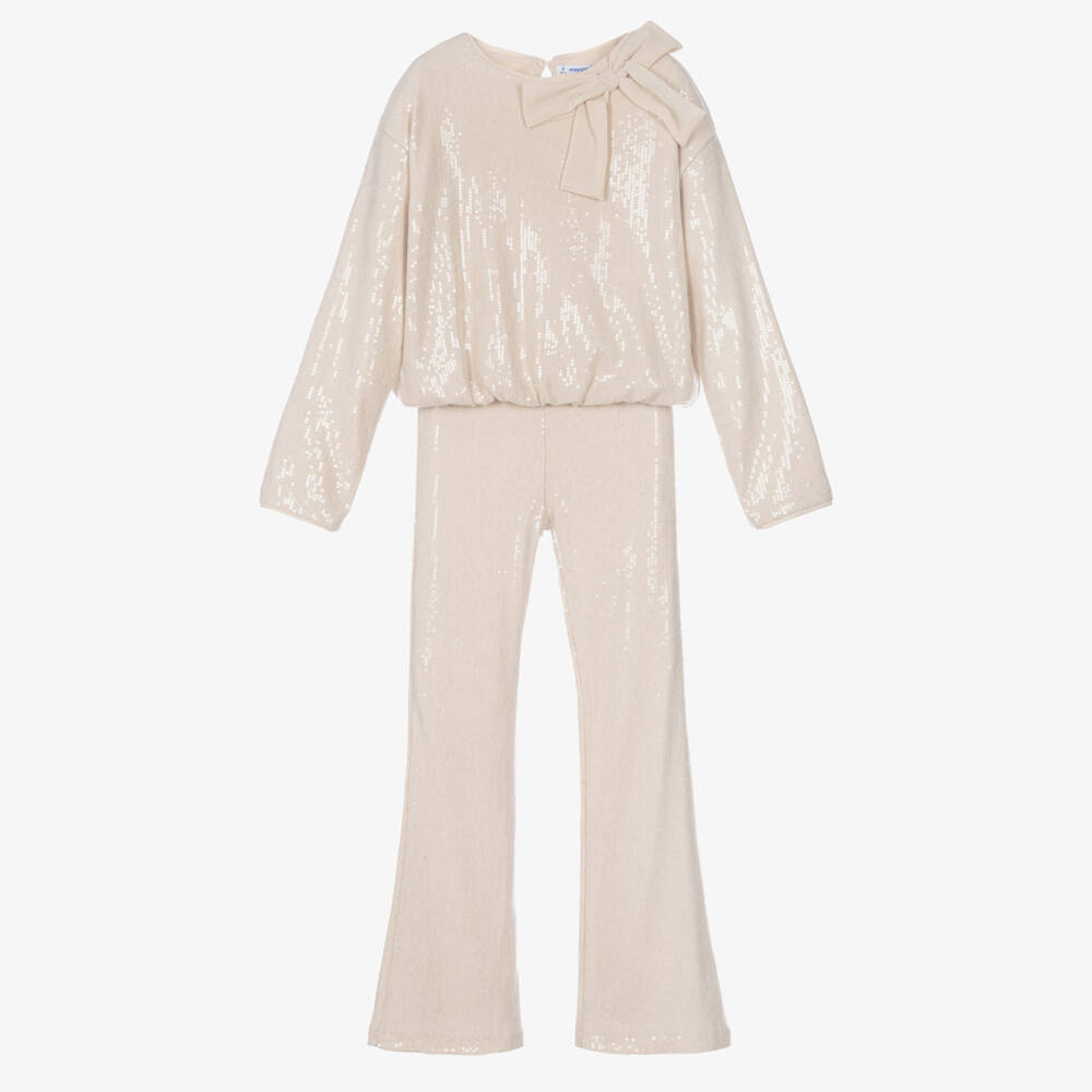 Mayoral-Girls Beige Sequinned Top & Trouser Set | Childrensalon