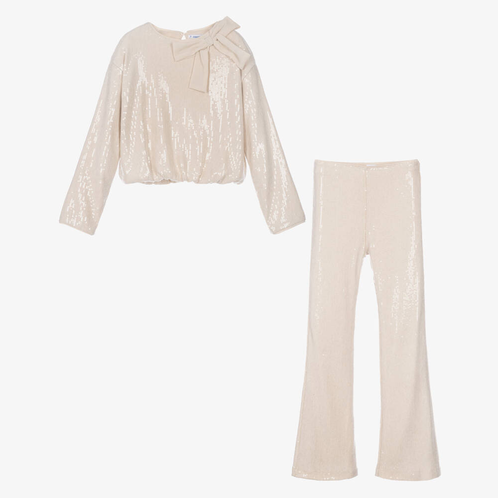 Mayoral-Girls Beige Sequinned Top & Trouser Set | Childrensalon