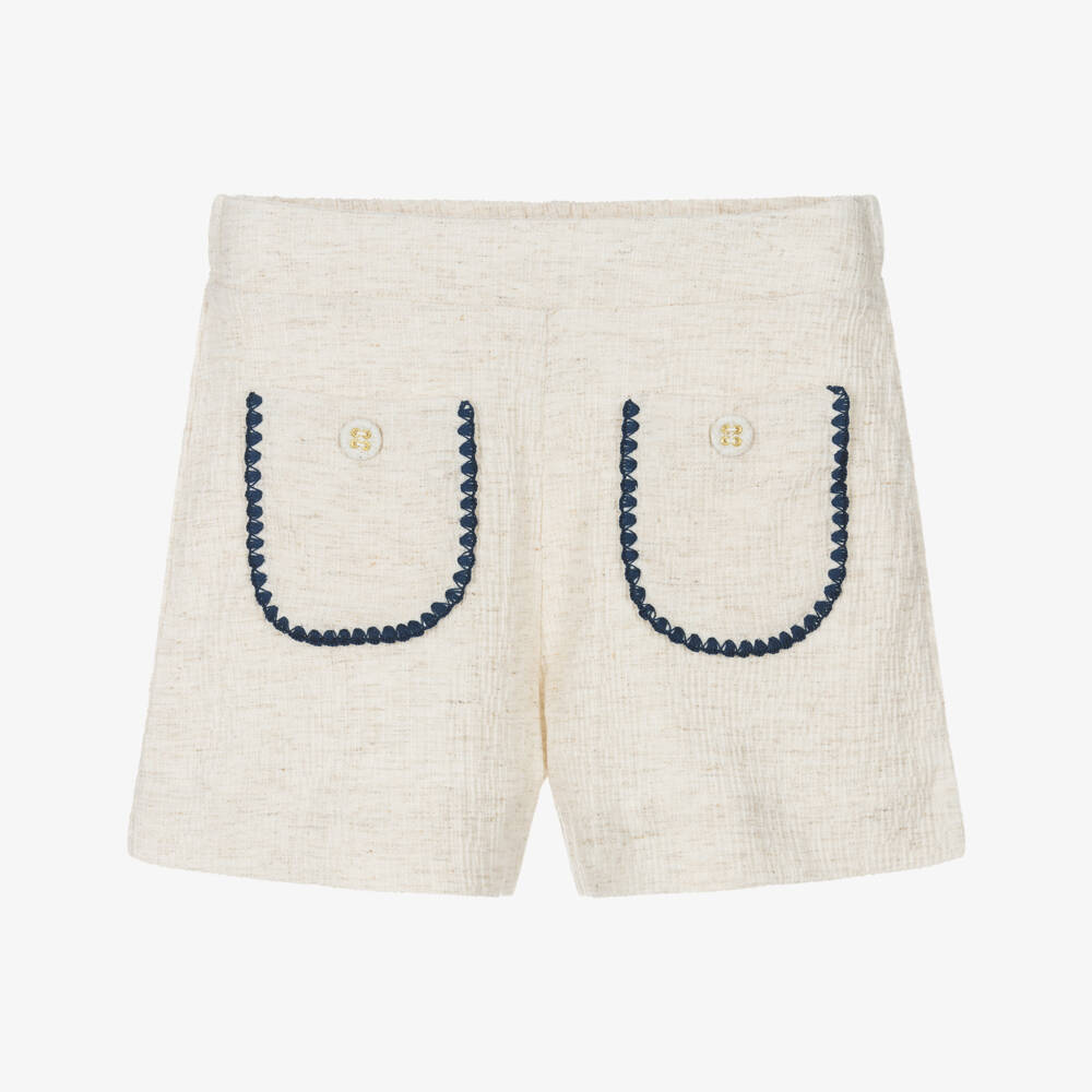 Mayoral-Girls Beige Shorts with Embroidered Pockets | Childrensalon