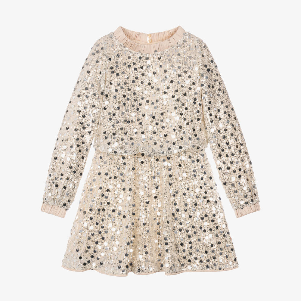 Mayoral-Girls Beige & Silver Sequin Dress | Childrensalon