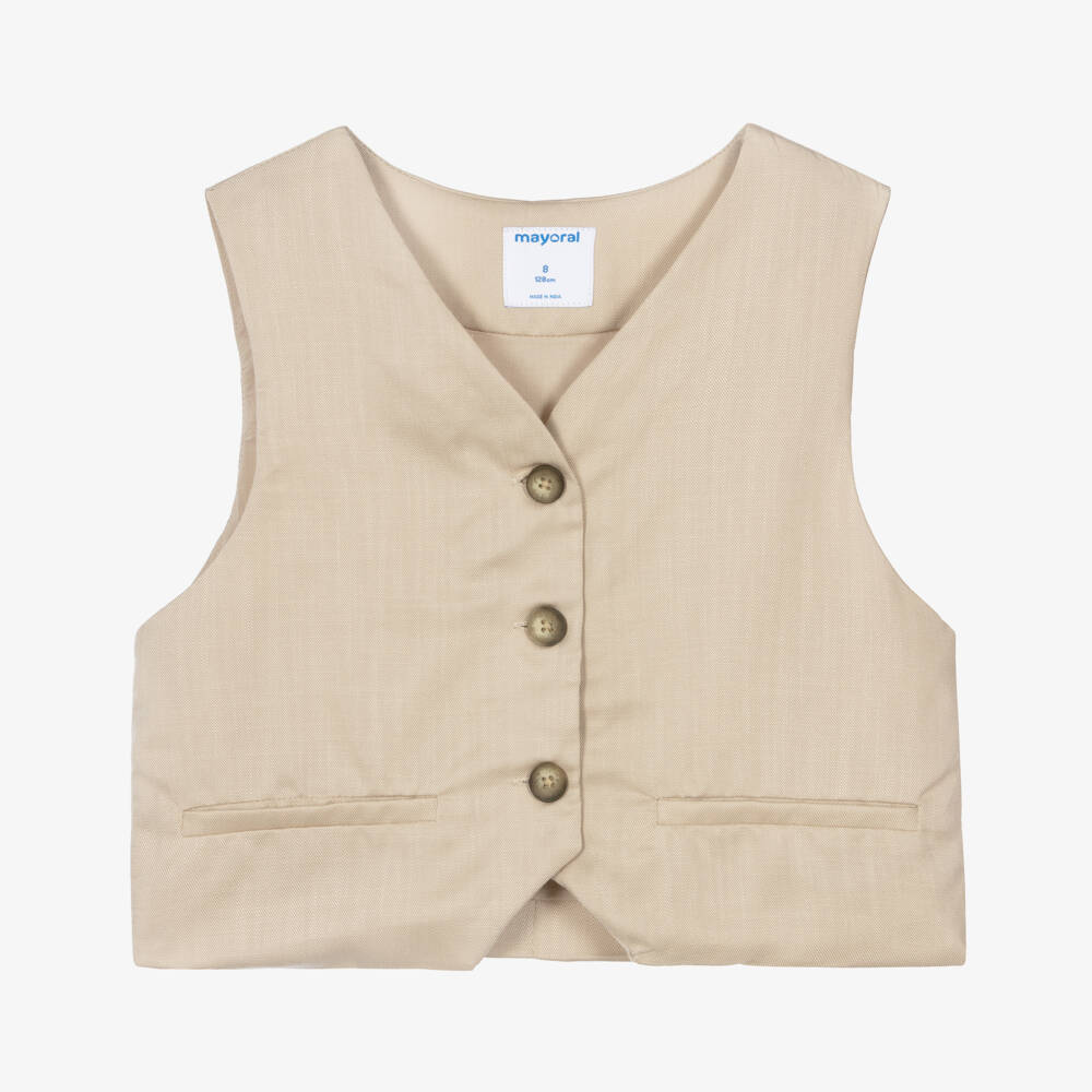Mayoral-Girls Beige Single-Breasted Waistcoat | Childrensalon