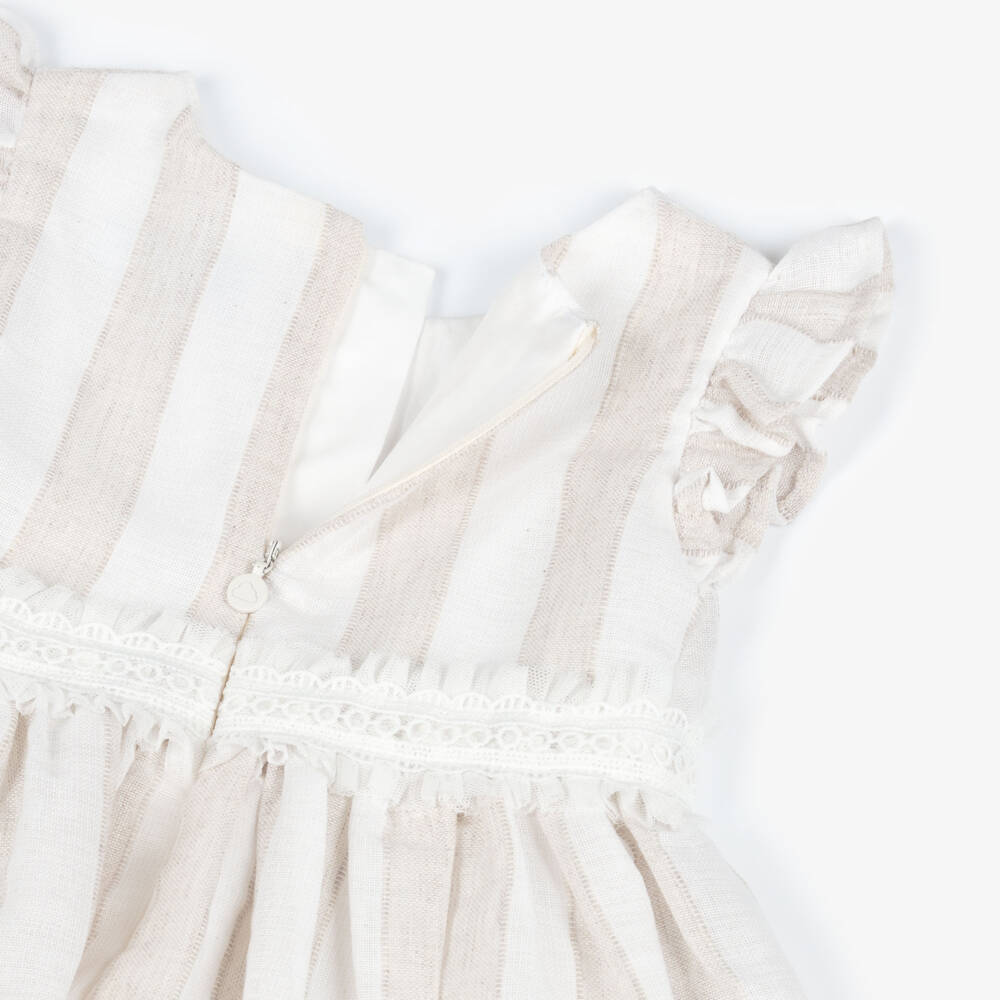 Mayoral-Girls Beige Striped Dress with Lace Trim | Childrensalon