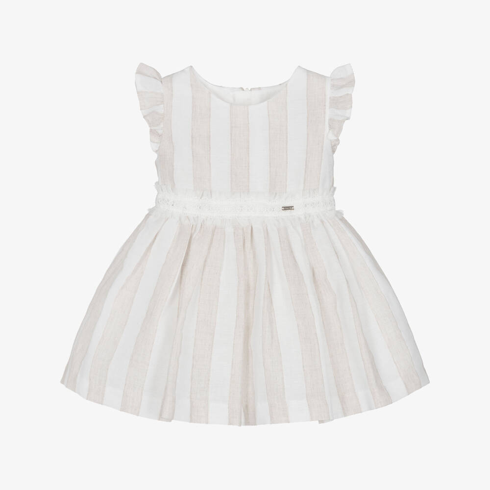 Mayoral-Girls Beige Striped Dress with Lace Trim | Childrensalon